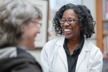 Counselor and patient laughing together during a session, finding light moments amidst serious genetic discussions. - obrazy, fototapety, plakaty