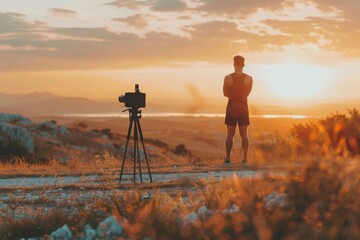 A fitness content creator filming an outdoor workout session at sunrise, with workout equipment and a beautiful landscape in the background. - obrazy, fototapety, plakaty