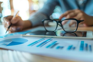 Close up of a senior accountant's hands analyzing charts and graphs on a digital tablet, glasses resting on the table.