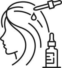 Skin oil treatment and hair care outline icon. Spa or beauty salon product, hair health cosmetics outline vector symbol with woman applying oil treatment to hair with dropper