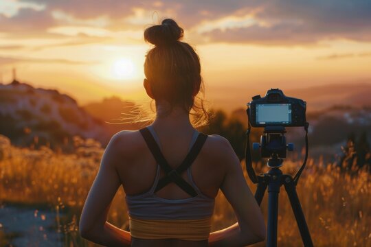 A fitness content creator filming an outdoor workout session at sunrise, with workout equipment and a beautiful landscape in the background.