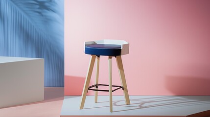 Blank modern stool on graceful colorful geometry room background with copy space, mid century or contemporary interior living room design.