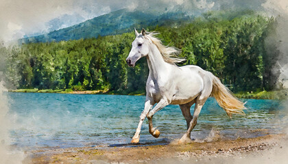 Obraz premium White horse galloping on shore, painting in watercolor style and illustration