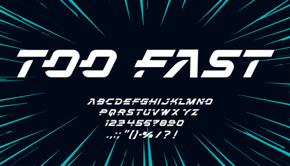 Speed sport font, fast dynamic tech type, modern game typeface, abstract urban English alphabet. Vector abc letters, numbers and signs in future, technological style with movement car race effect