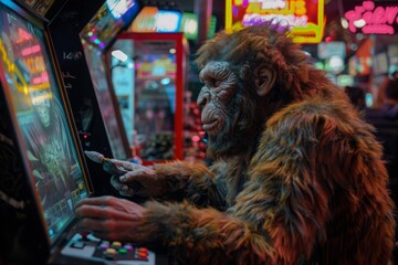 A Neanderthal attempting to play a demo video game at an entertainment store.