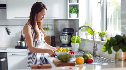 Happy young wife washing fruit in modern kitchen, concept of healthy lifestyle, organic food, beautiful housewife, family good time, with copy space.