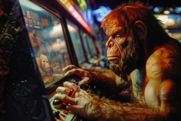 A Neanderthal attempting to play a demo video game at an entertainment store.