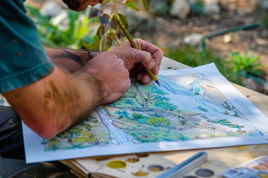 A water bearer sketches the landscape of a future water conservation project, envisioning a greener community.