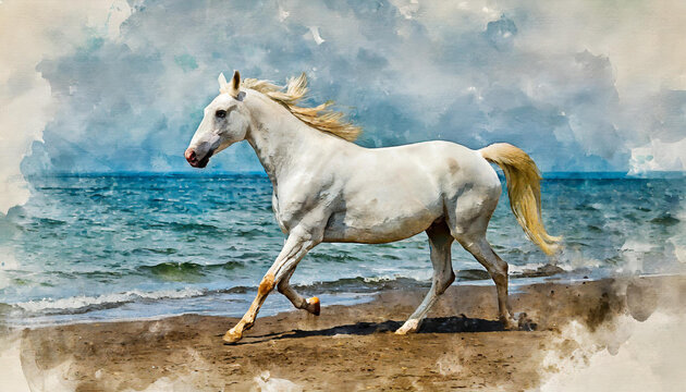 White horse galloping on shore, painting in watercolor style and illustration