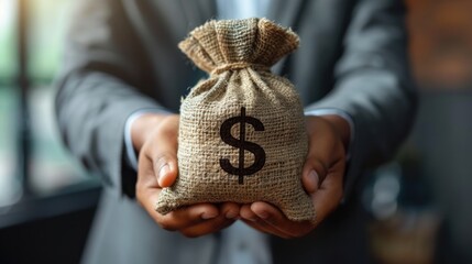 Businessman holding money bag with USD dollar sign for give dividend return profit from investment funding and stock market - obrazy, fototapety, plakaty