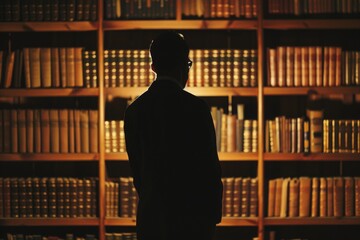 Focused on an attorney's silhouette against a wall of legal books, the shadow cast long into the evening of diligent work. - obrazy, fototapety, plakaty