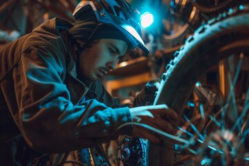 Mechanic wearing a headlamp to inspect the undercarriage of a bike during a late repair. - obrazy, fototapety, plakaty