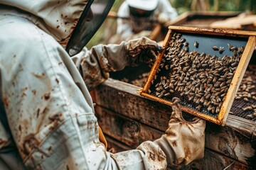 Beekeeper using modern technology, like a digital tablet, to track hive health and productivity. - obrazy, fototapety, plakaty