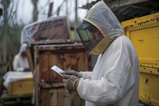 Beekeeper using modern technology, like a digital tablet, to track hive health and productivity.
