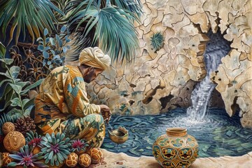 A water bearer resting by a lush oasis, refilling intricately carved gourds from a crystal clear spring.