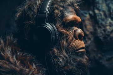A Neanderthal wearing headphones, intently listening to classical music, a look of serene contemplation on their face.