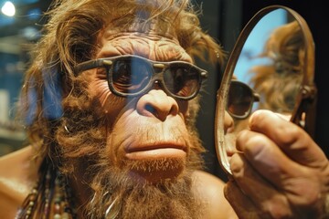 A Neanderthal trying on sunglasses at an accessory store, checking the mirror. - obrazy, fototapety, plakaty