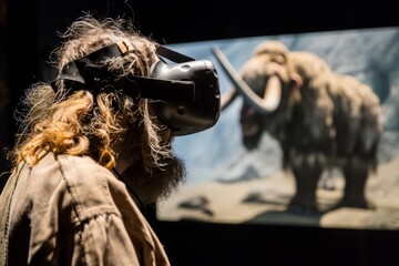 A Neanderthal in a virtual reality headset, experiencing a simulation of hunting mammoths, completely immersed.