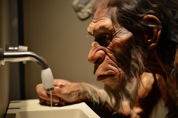 Close up of a Neanderthal puzzled by a modern automatic soap dispenser, examining its mechanism. - obrazy, fototapety, plakaty