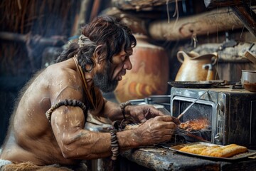 Fototapeta na wymiar A Neanderthal in a modern kitchen, struggling to use a microwave to heat up a traditional prehistoric meal.