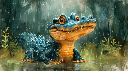 Fototapeten illustration of a crocodile in the rain flat style © Robin