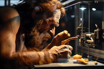 A Neanderthal artist using a 3D printer to create replicas of ancient tools, marveling at the technology. - obrazy, fototapety, plakaty