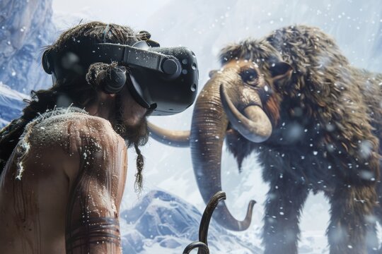 A Neanderthal in a virtual reality headset, experiencing a simulation of hunting mammoths, completely immersed.