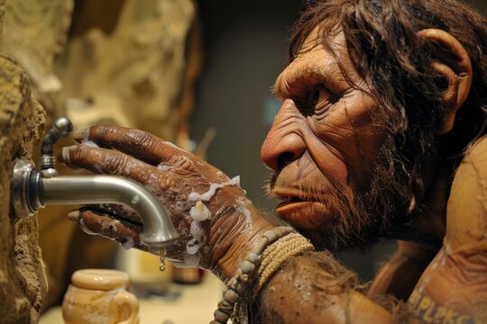 Close up of a Neanderthal puzzled by a modern automatic soap dispenser, examining its mechanism.