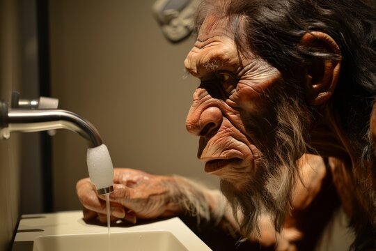 Close up of a Neanderthal puzzled by a modern automatic soap dispenser, examining its mechanism.