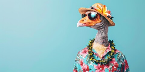 Vulture wearing sunglasses, hat, and hawaiian shirt and lei on summer vacation - isolated on colorful background for seasonal image