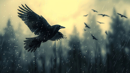 illustration of birds flying in the rain flat style - obrazy, fototapety, plakaty