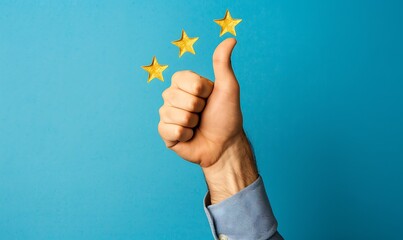 Man's hand with thumbs up and 3 gold stars, expressing satisfaction against blue backdrop