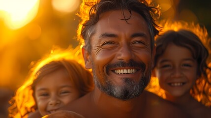 A man laughing uproariously as he plays with his young nieces and nephews. - obrazy, fototapety, plakaty