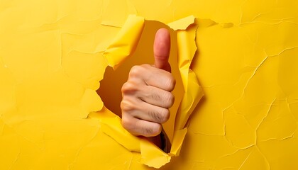 Thumbs-Up Breaking Through, Symbol of Approval on Yellow Background - obrazy, fototapety, plakaty