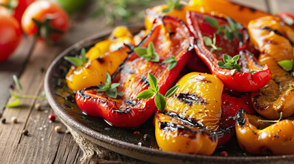 Grilled Bell Peppers on Rustic Plate with Seasonings