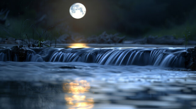 The silver moon is reflected in a small stream its gentle flow a contrast to the bright moon above. The simple beauty of the scene . .