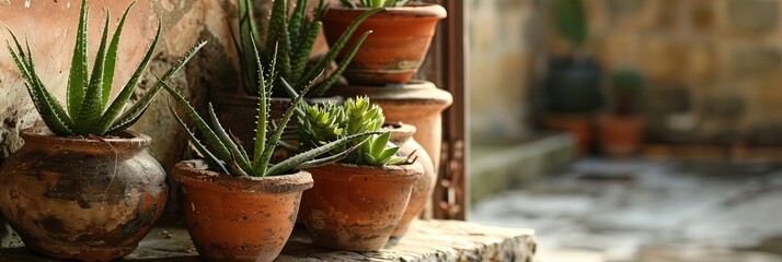 Aloe vera plants in clay pots