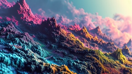 Colorful artistic illustration of mountain peaks, glowing iridescent backlight illustration of mountain ranges - obrazy, fototapety, plakaty