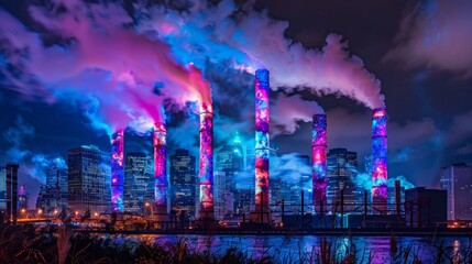 Smokestacks transformed into unique art installations emitting a mystical haze into the inky sky. The surrounding buildings are alive with a kaleidoscope of pulsating lights.