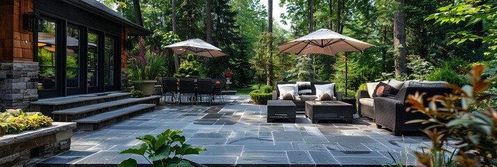 Backyard patio garden - brick porch with patio furniture and vegetation