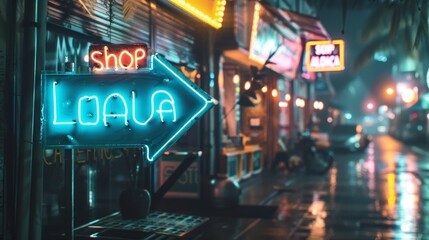 A neon sign in the shape of an arrow directing pedestrians to Shop Local with a retro font and...