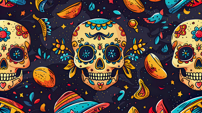 Colorful Day of the Dead Skull Pattern with Festive Elements