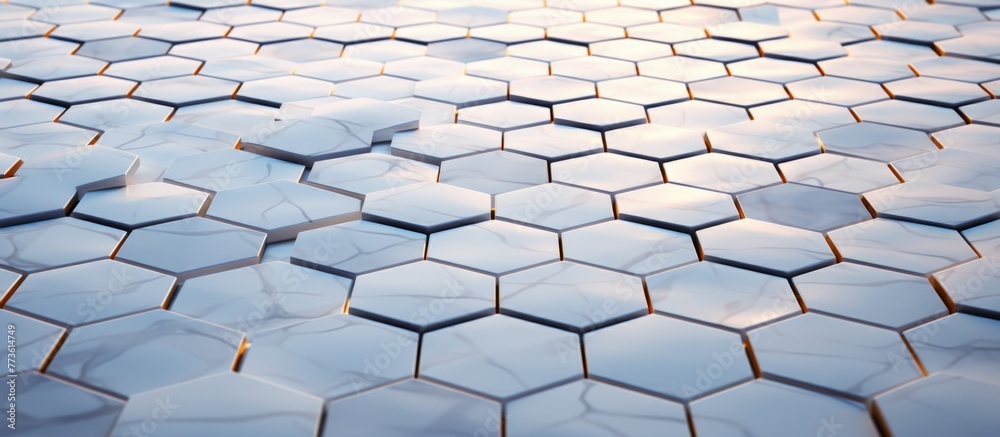 Poster hexagonal tiles in a close-up shot showing a intricately patterned tiled floor, creating a visually 