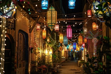 Colorful Eid decorations adorning homes and streets, including lanterns, banners, and lights....