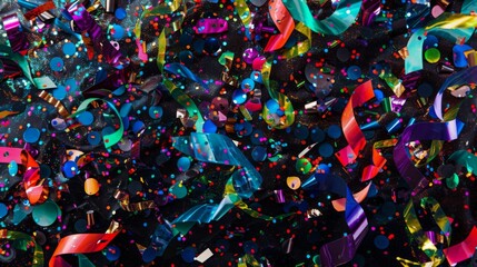 Brighten up any party with this festive backdrop of colorful confetti and sparkling streamers. - obrazy, fototapety, plakaty