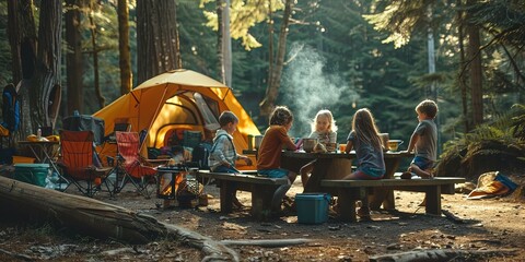 Family camping in a tent by the lake in the woods - obrazy, fototapety, plakaty