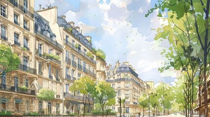 An elegant Parisian boulevard lined with grand Haussmannian buildings, ornate wrought-iron balconies, and chic boutiques, epitomizing the timeless allure of the City of Light. - obrazy, fototapety, plakaty