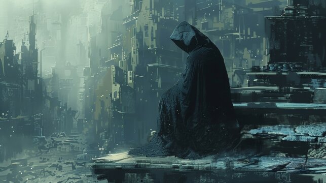 A lone figure perches on the steps of a dilapidated building their face hidden in a hooded cloak. They seem lost in thought oblivious . .
