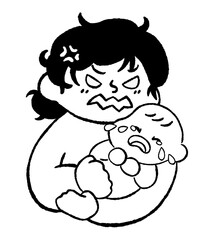 泣いている赤ちゃんにイライラするお母さん　手描きイラスト素材　線画
