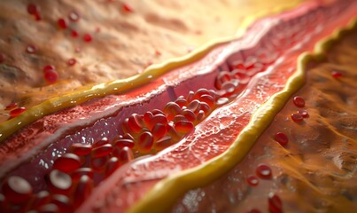 Visual depiction of arterial blockage caused by harmful cholesterol buildup, leading to clogged arteries and coronary plaque formation. 3D illustration